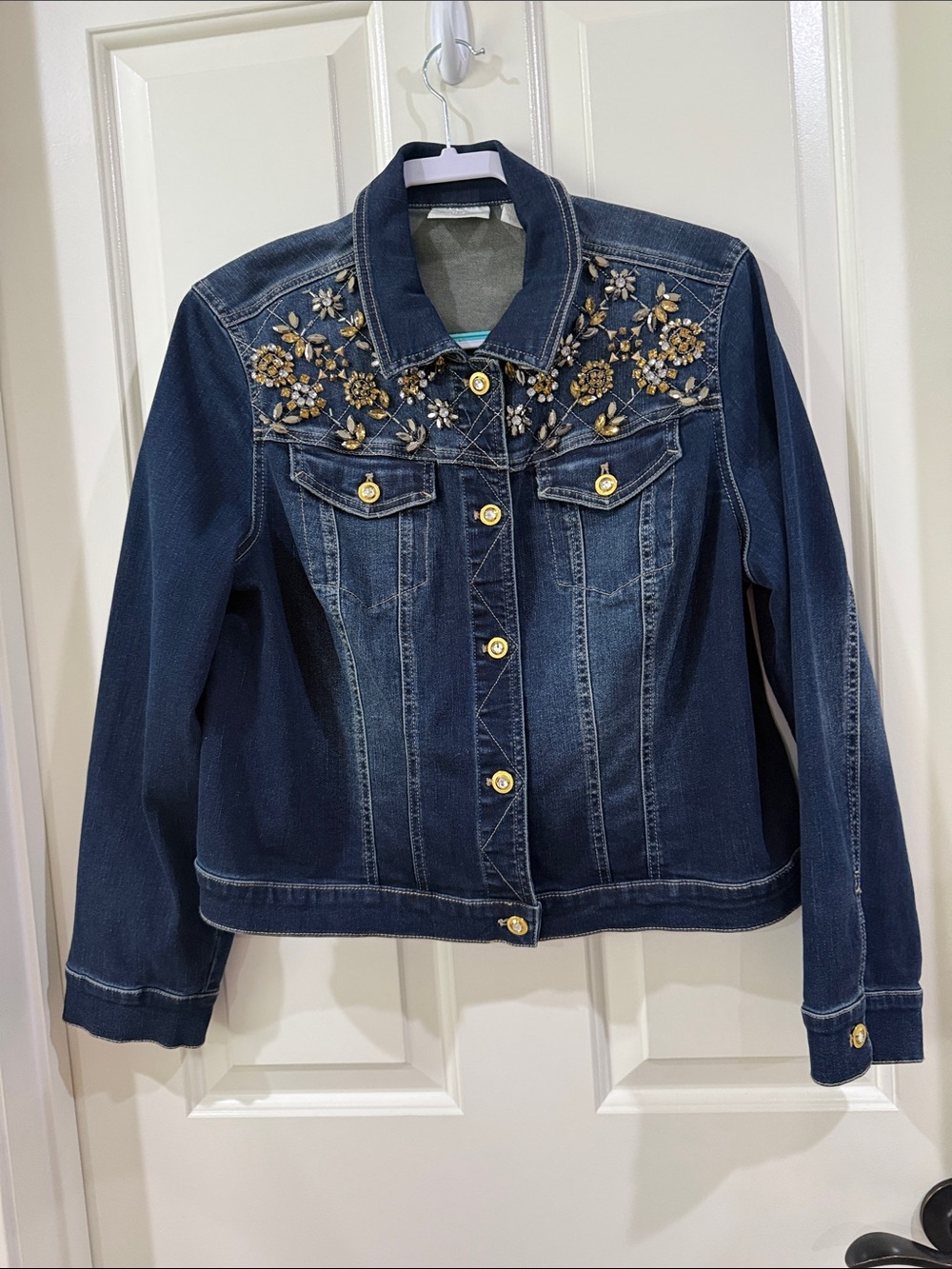 Chico's Dark Blue Denim Jacket with Gold Floral Embellishment